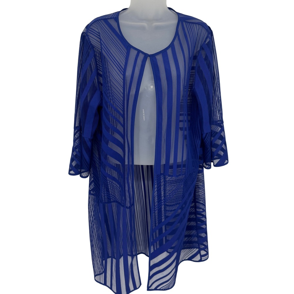 Chico's Travelers Cardigan Women 12/14 Blue Mesh Geometric Duster Layer Sheer